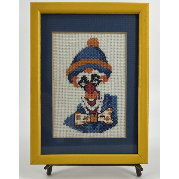 Creepy Clown Vintage Cross‎ Stitch Small Framed Folk Art - Picture 4 of 7